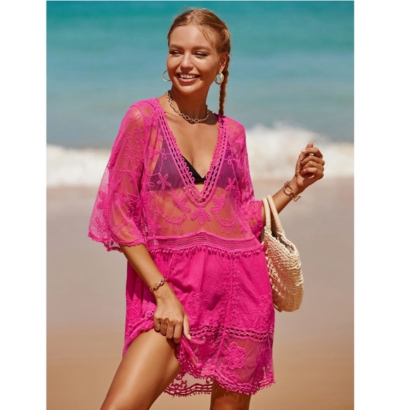 Dusty Green Lace Coverup Dress Tunic Bohemian Short - Picture 9 of 10